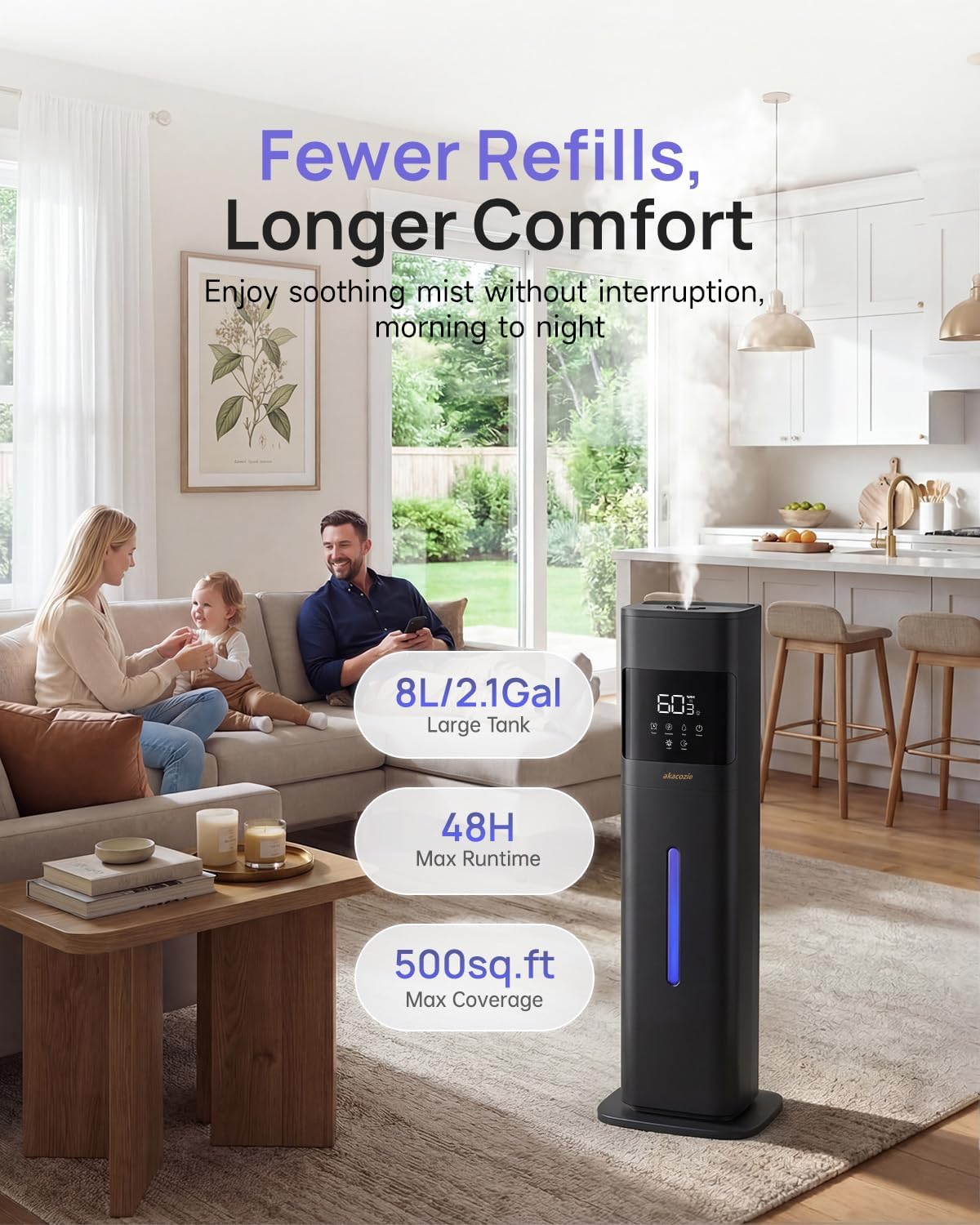 Humidifier Large Room, 2.1Gal/8L Cool Mist Humidifiers for Bedroom 500 sq ft, Humidifiers for Home with Essential Oil