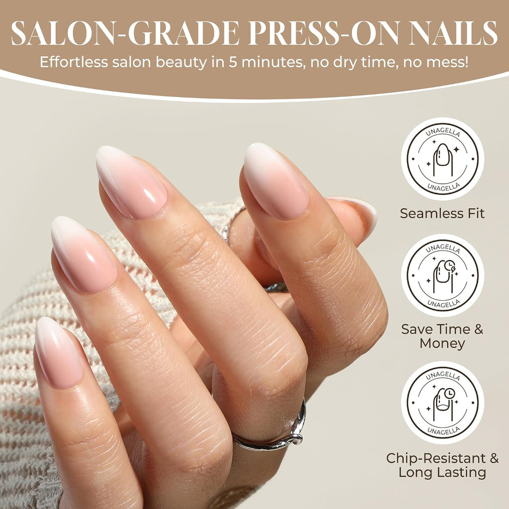 Press On Nails Short Almond: Ombre Soft Gel Press Ons Kit with Nail Tips Glue on Nails, 16 Sizes - 32 Reusable Fake