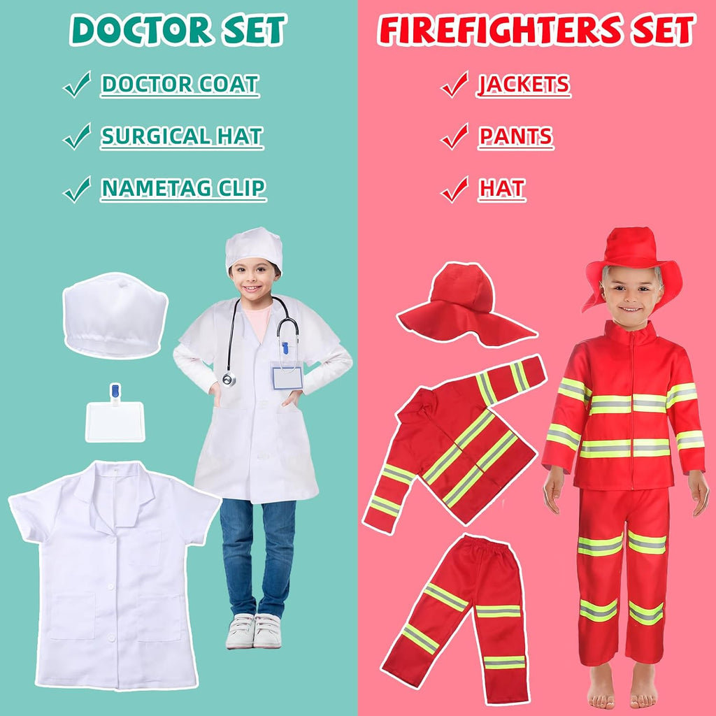 8 Sets Kids Role Play Dress up Clothes, Washable Astronaut Construction Policeman Fireman Doctor Chef Gardener