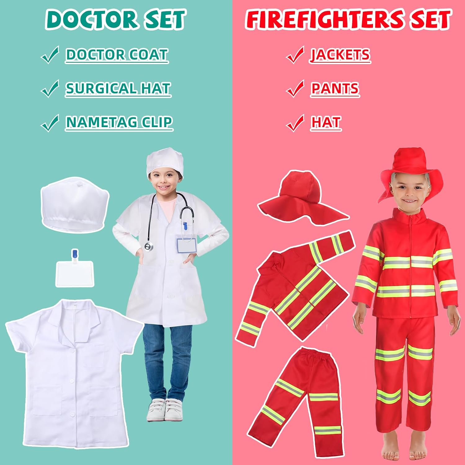 8 Sets Kids Role Play Dress up Clothes, Washable Astronaut Construction Policeman Fireman Doctor Chef Gardener