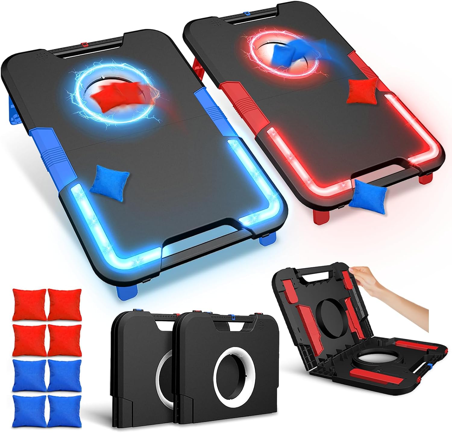 LED Cornhole Board Set, Light-Up and Travel Cornhole Boards Games Set, Corn Holes Outdoor Game, Corn Hole Game Set w/