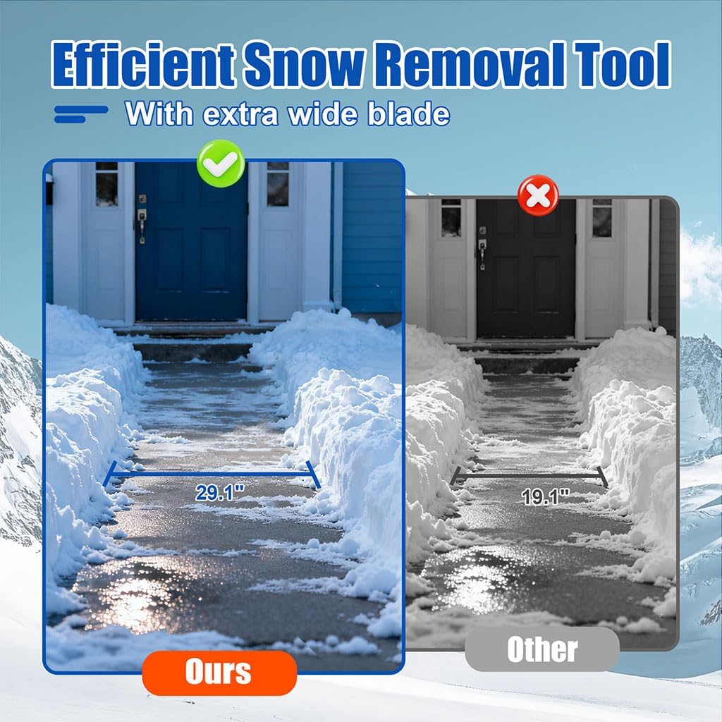 Heavy-Duty Snow Shovel with Wheels, 30" Wide Metal Snow Pusher with Adjustable Height & Angle Handle, Carbon Steel