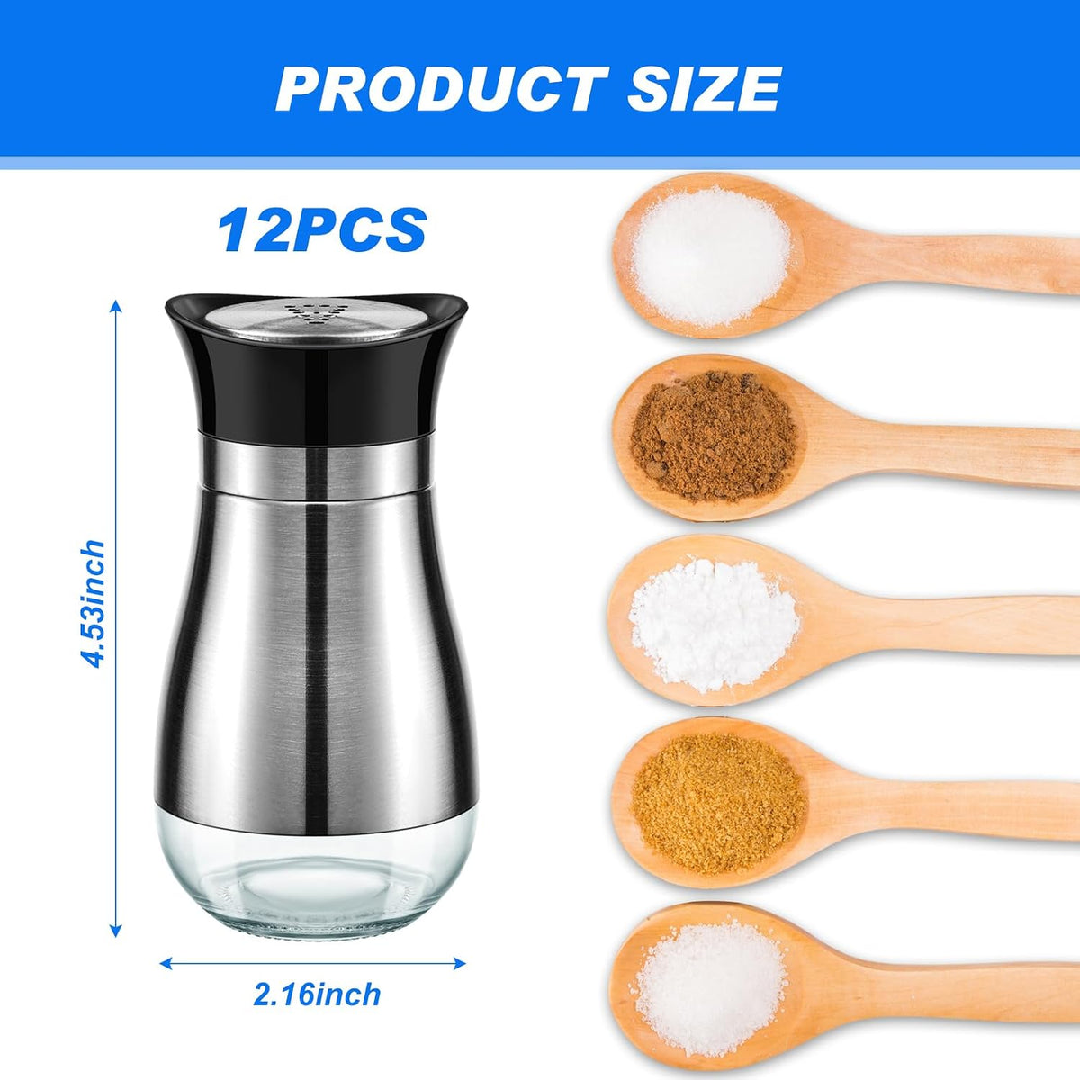 12 Pack Stainless Steel Salt and Pepper Shakers Set with Stainless Steel Lid Glass Bottle Refillable Salt Dispenser