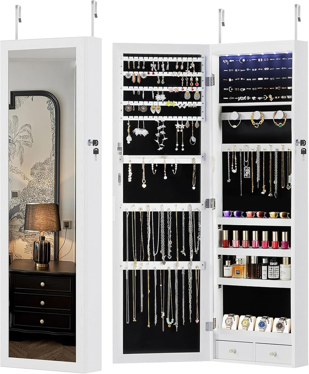 6 LEDs Mirror Jewelry Cabinet, Wall or Door Mounted Jewelry Organizer, 47.2-Inch Tall Lockable Large Capacity