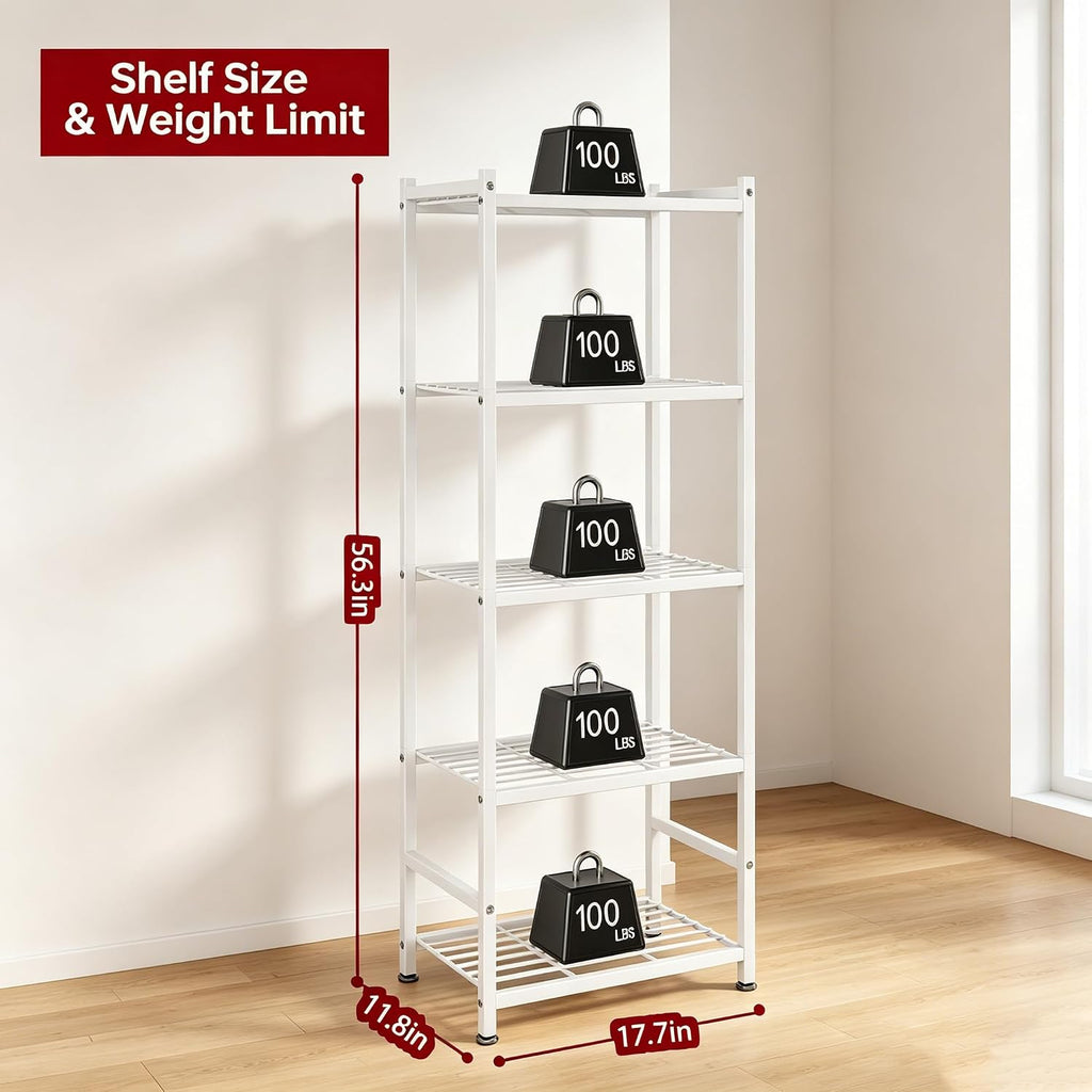 Small Storage Shelves, 5-Tier Metal Shelving Unit with Adjustable Feet, Compact Shelf Organizer for Garage, Kitchen