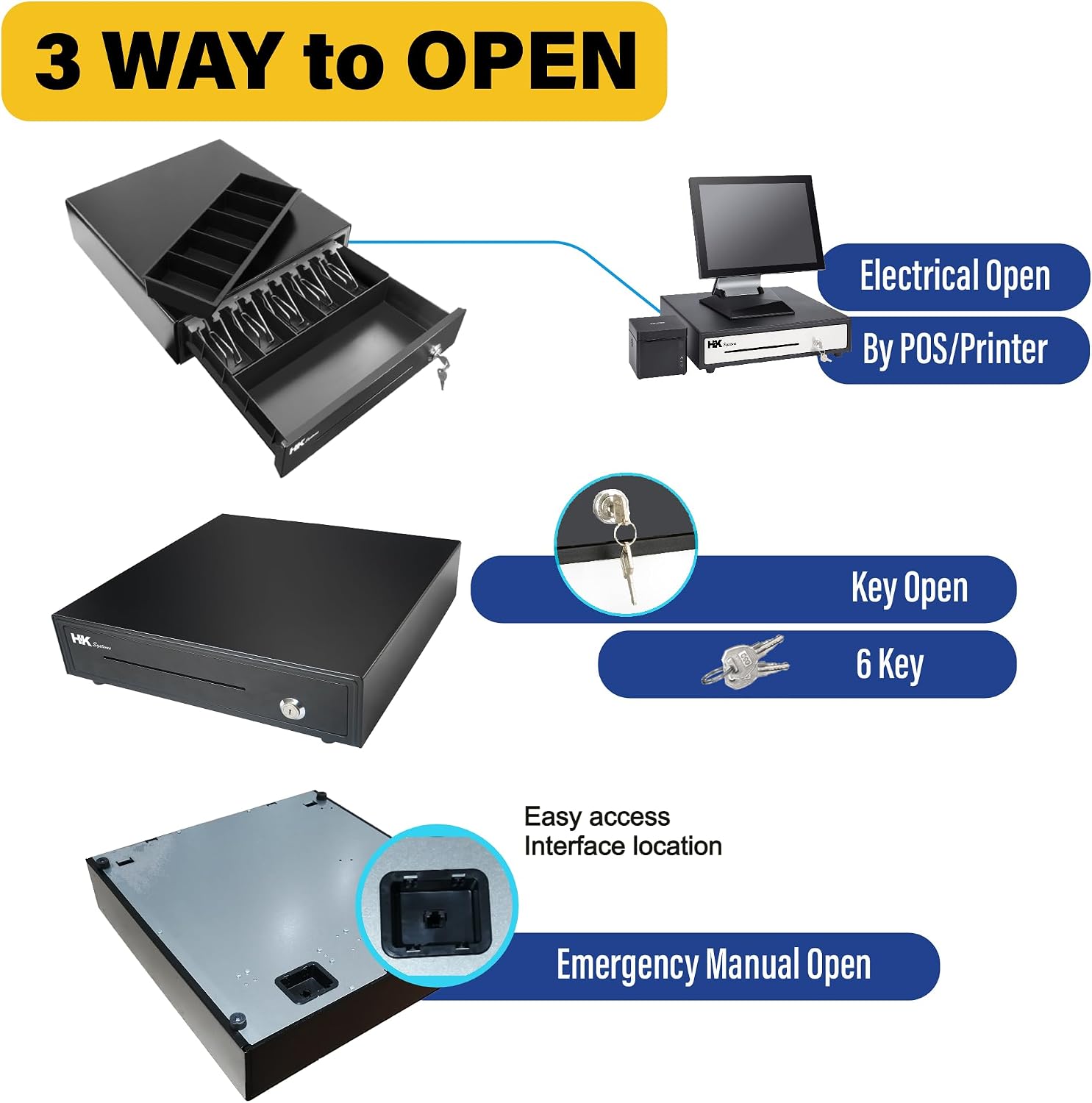 16" Heavy Duty Black POS Cash Drawer with 5Bill/5Coin, Removable Coin Compartment ONLY, 24V, RJ11, Single Large Front