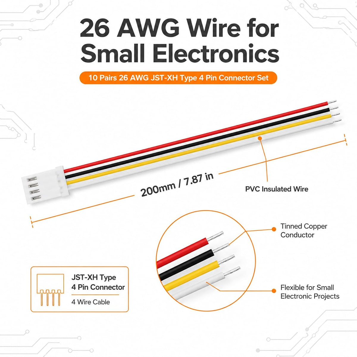 10-Pair XH 2.54mm 4-Pin Connector Kit, 26AWG 200mm Ribbon Cable