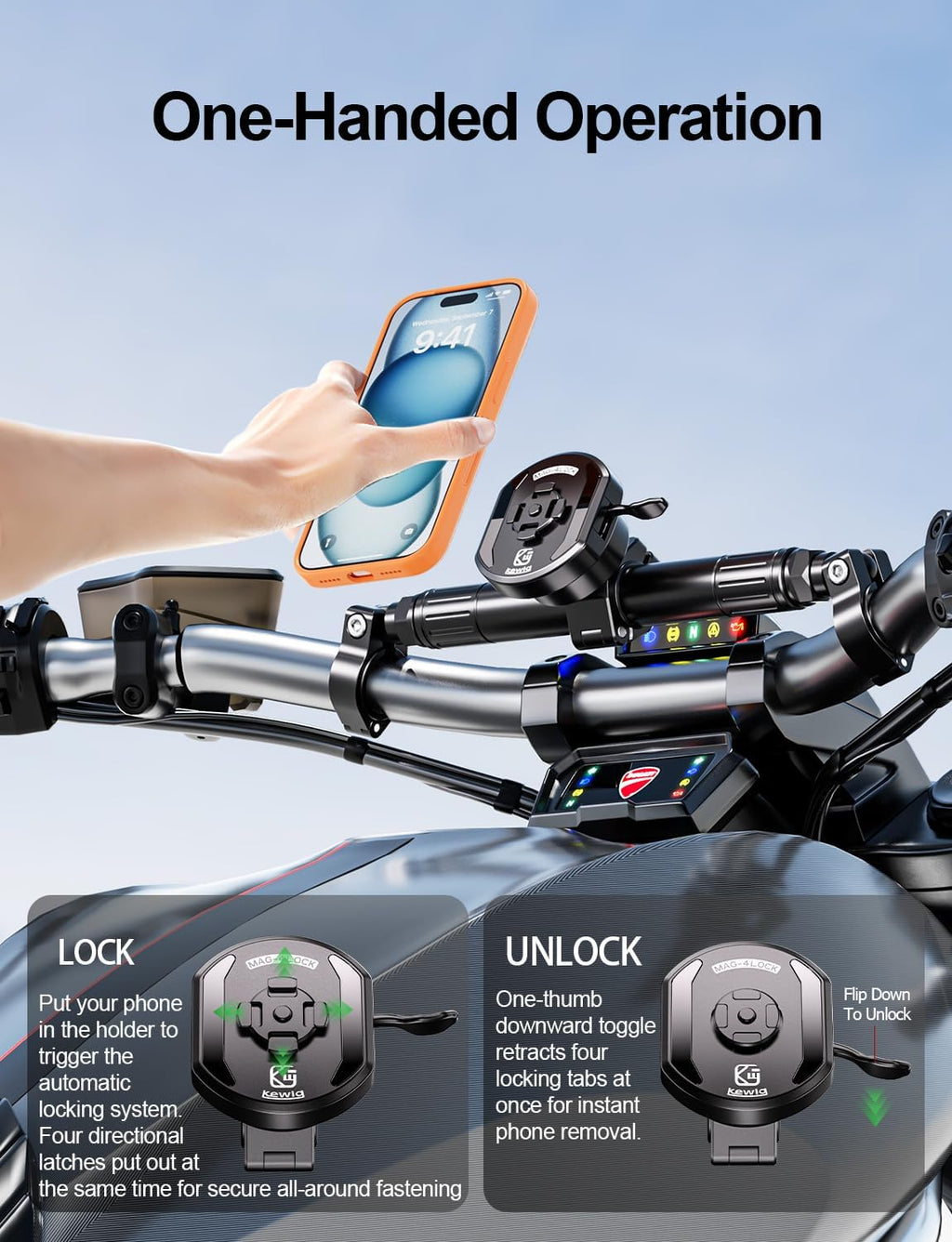 Aluminum Alloy Motorcycle Magnetic Phone Mount with Magnetic 4-Lock‌ | Vibration Dampener, 1s Auto Lock Bike Phone