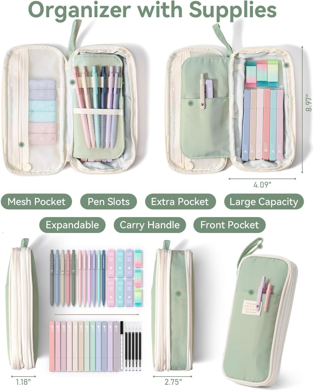 School Supplies with Cute Pen Case, 39ct Green | Back to School Stationery Set, Essentials for College & Nursing