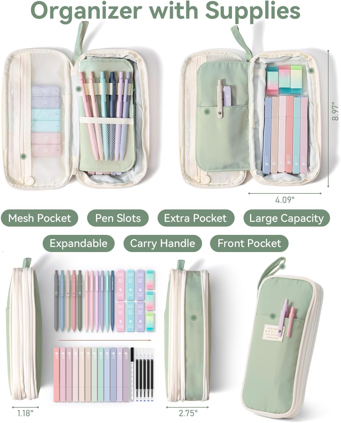 School Supplies with Cute Pen Case, 39ct Green | Back to School Stationery Set, Essentials for College & Nursing