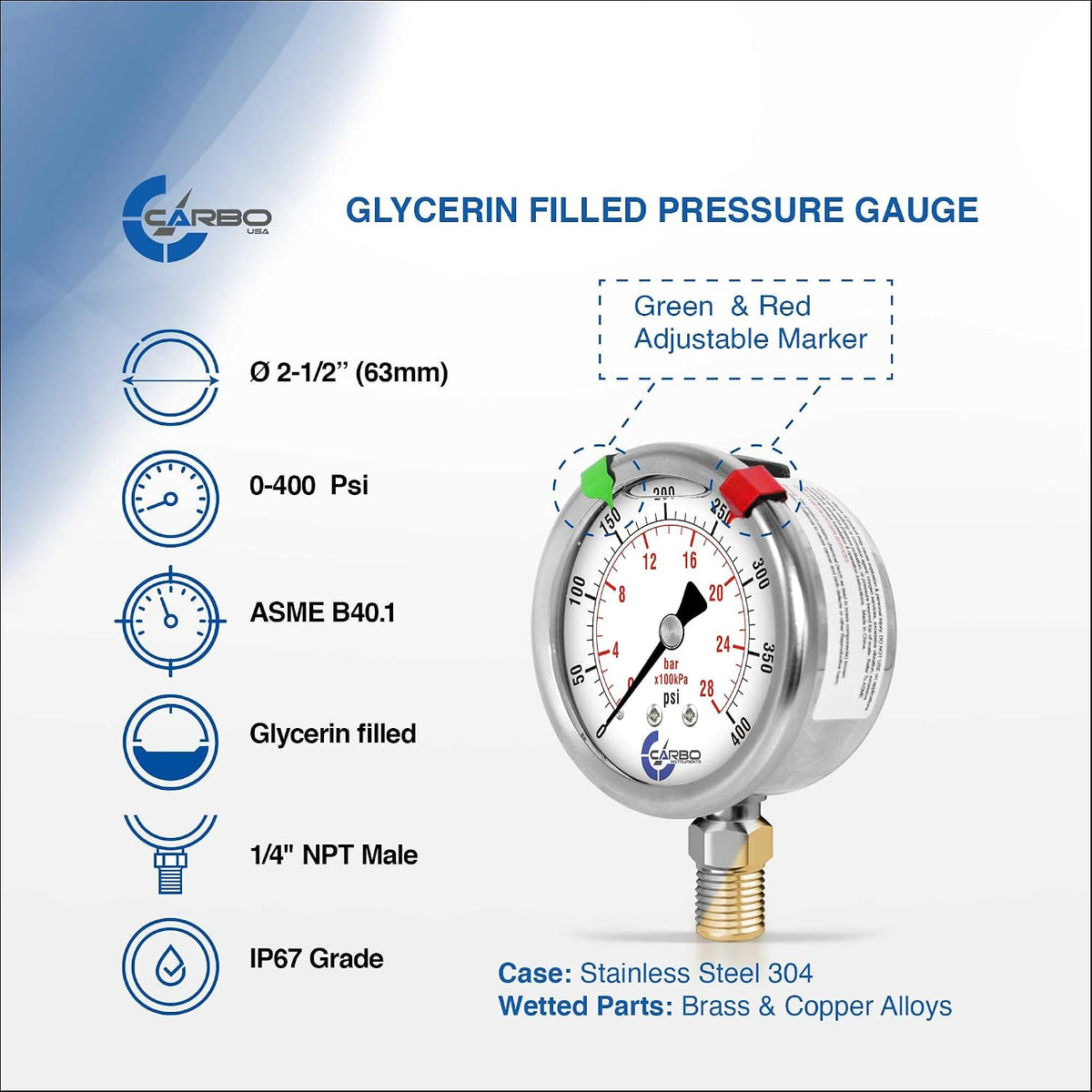 Pressure Gauge, 2.5" Dial, 400 PSI