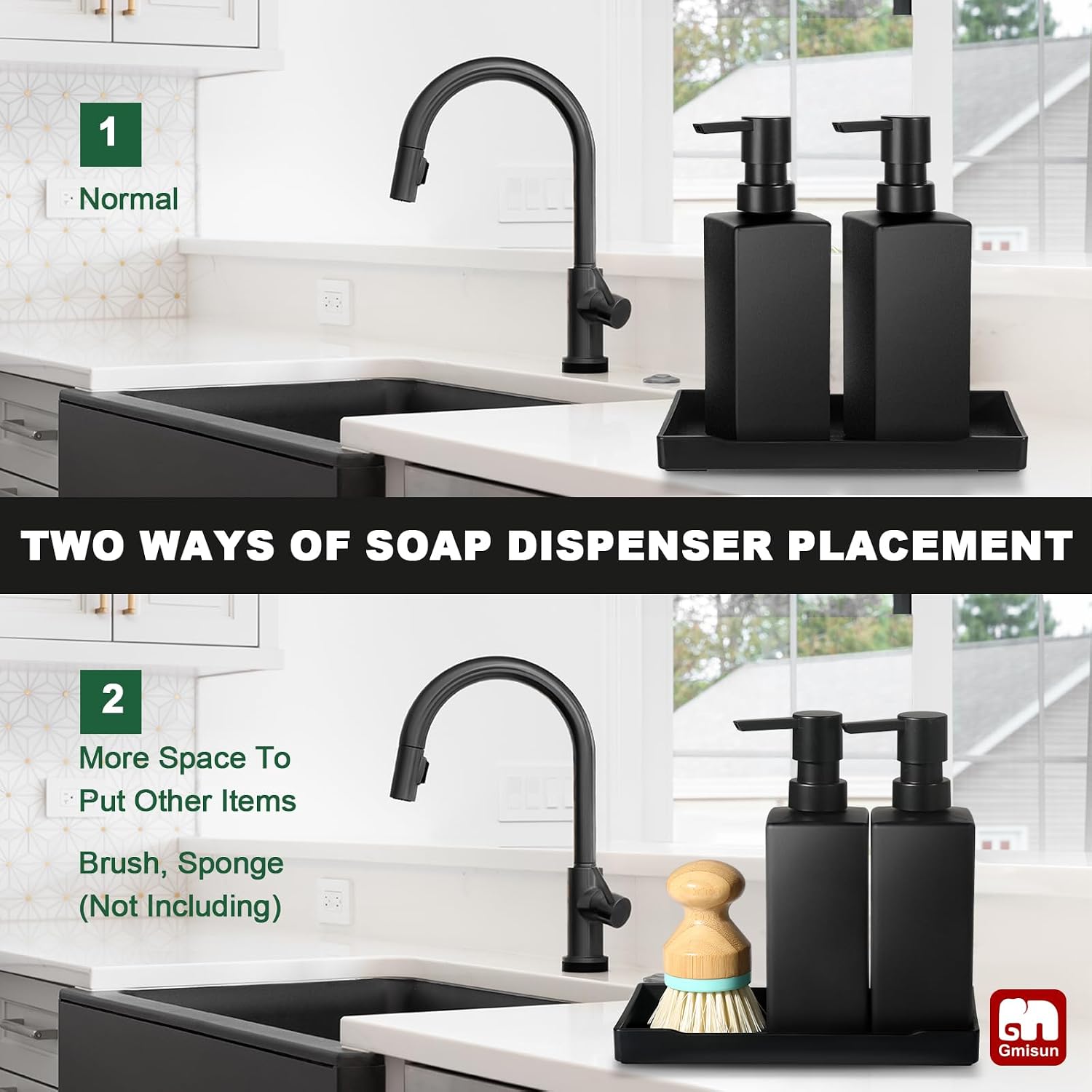 Kitchen Soap Dispenser Set, Hand and Dish Soap Dispensers, 12 fl oz/350 ml Black Soap Dispenser with Tray, Glass Dish