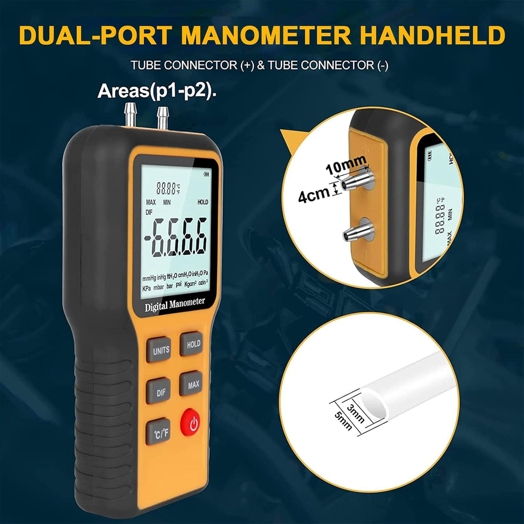 Manometer HVAC Gas Pressure Tester, Dual-Port Digital Monometer