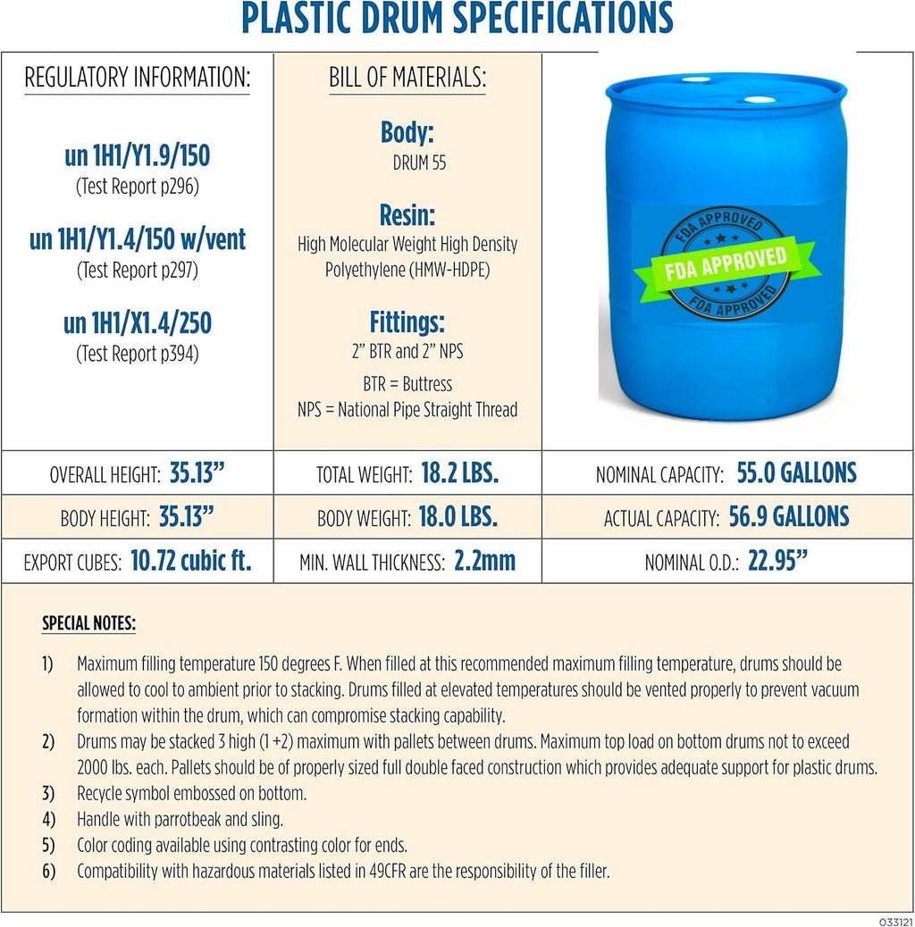 55 Gallons Water Barrel | Solid Mold |2 Inch Bung Holes, Good for Long Term Drinking Water Use | BPA Free. Made in