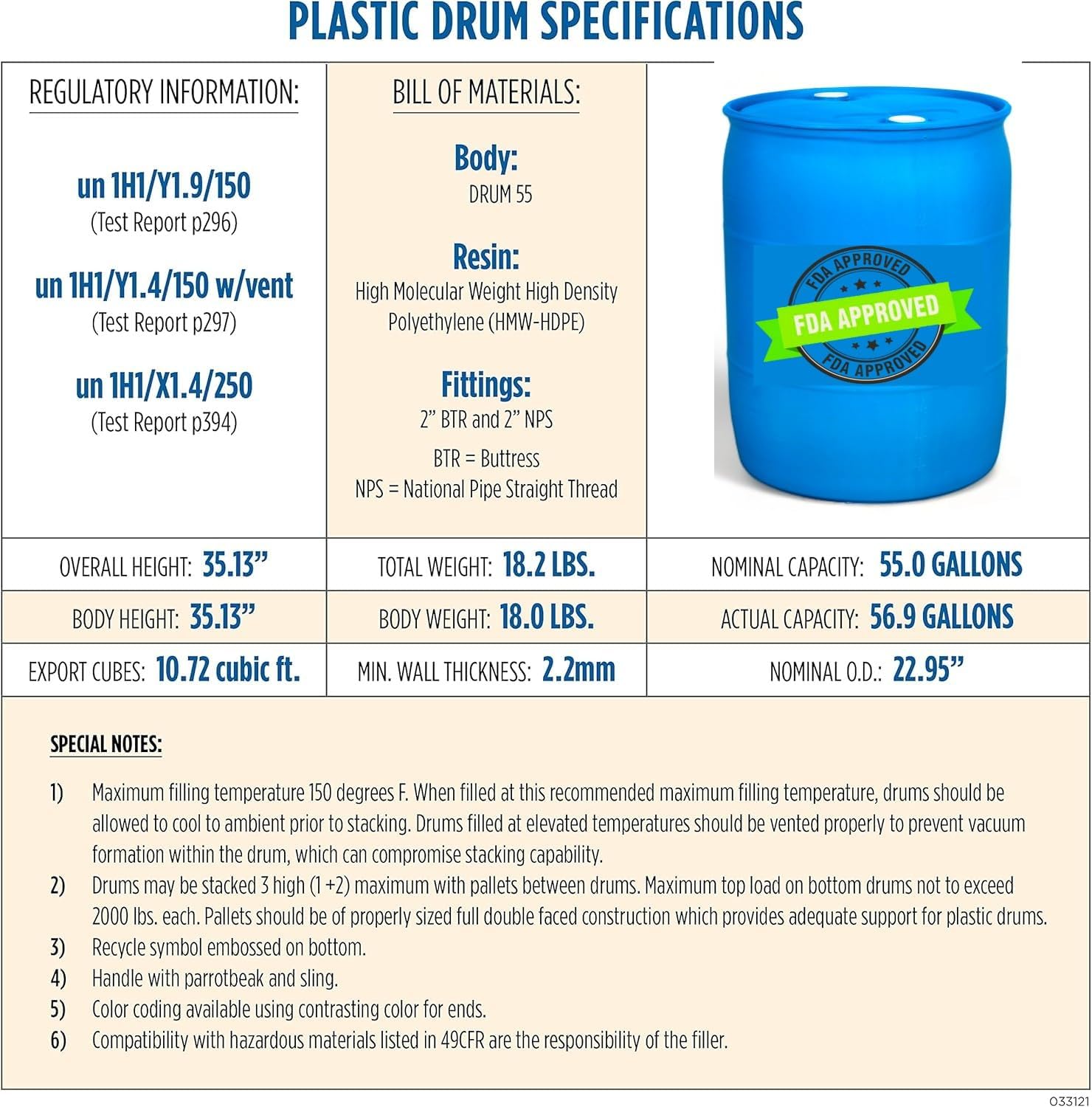 55 Gallons Water Barrel | Solid Mold |2 Inch Bung Holes, Good for Long Term Drinking Water Use | BPA Free. Made in