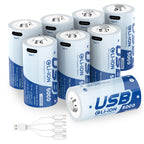 8 Pack 5000mWh Rechargeable Lithium C Batteries, with USB-C Cable