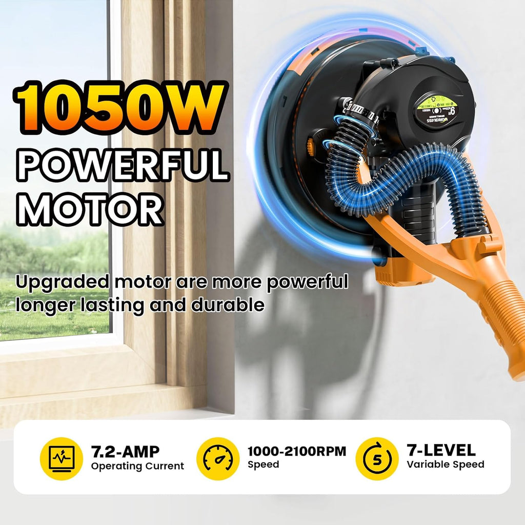 Drywall Sander, 1050W 7.2A Popcorn Ceiling Removal Tool, Automatic Drywall Sander with Vacuum Dust Collector, 7