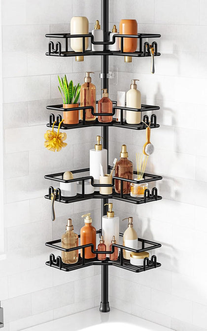 Shower Caddy Tension Pole: 4-Tier Adjustable Corner Organizer Black | Heavy Duty Rustproof L-Shaped Shelves- No