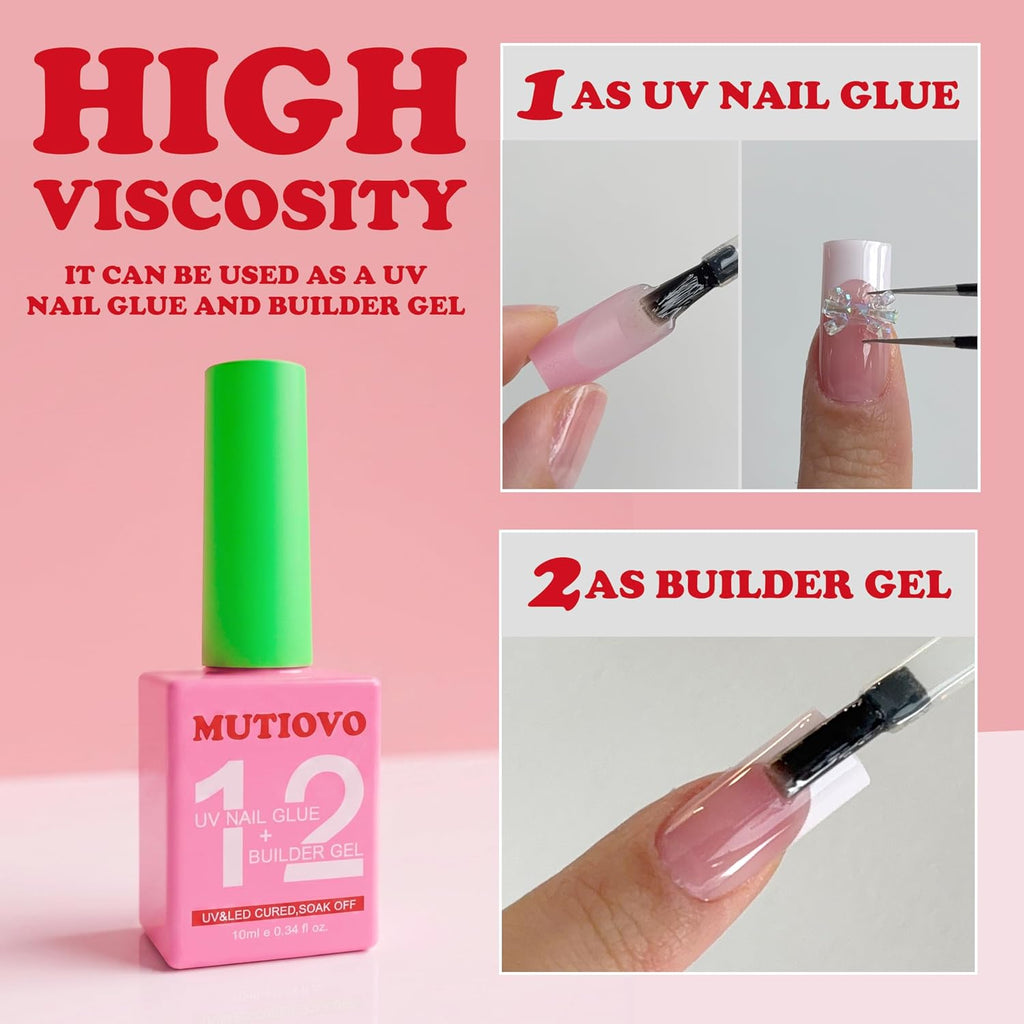 2 in 1 UV Nail Glue Builder Gel and Top Coat Kit, Super Strong Adhesive for Press on Acrylic Nails, No Wipe for