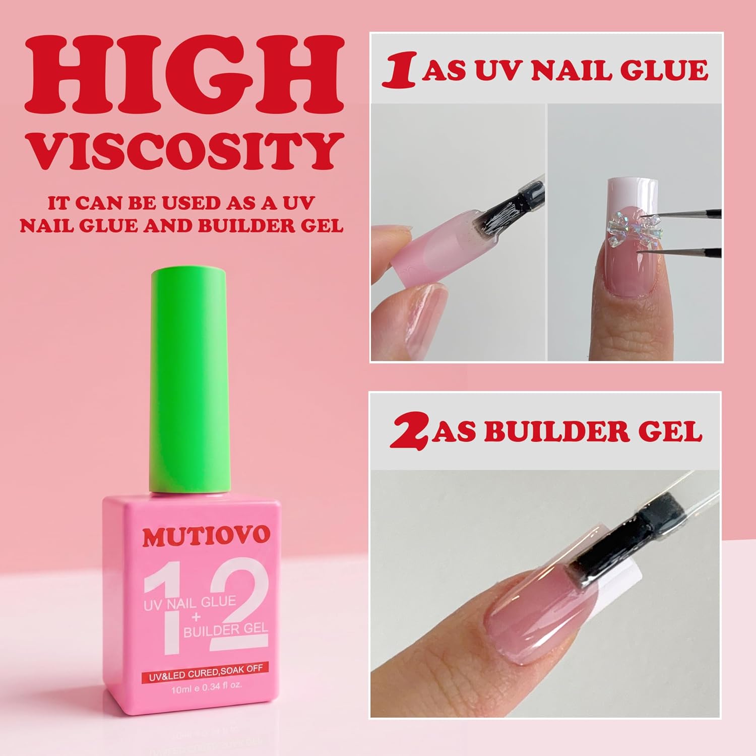 2 in 1 UV Nail Glue Builder Gel and Top Coat Kit, Super Strong Adhesive for Press on Acrylic Nails, No Wipe for