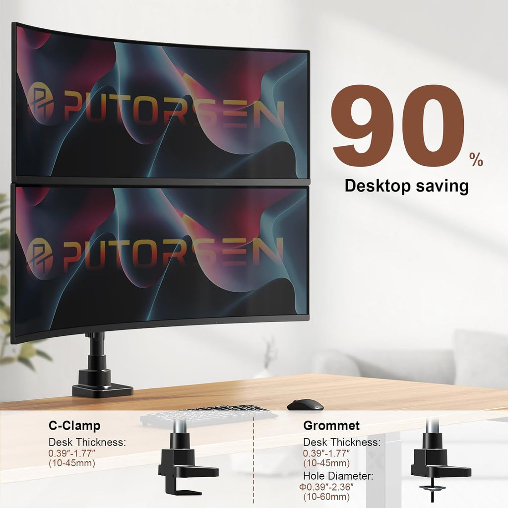 Heavy Duty Dual Monitor Arm for 17-49" Screens, Vertical Stack, 44lbs | 19.69'' Overall Height, Flexible Screen
