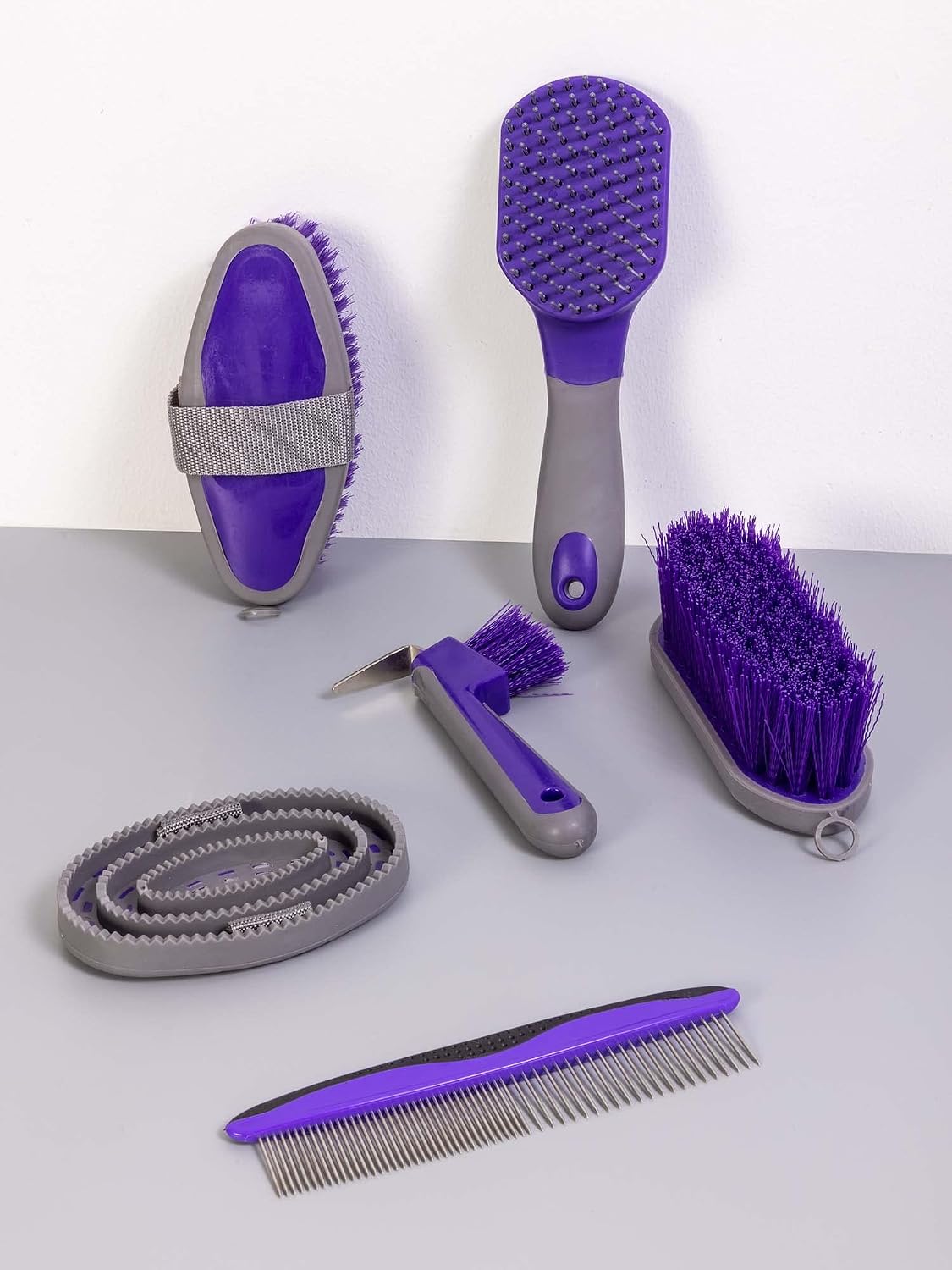 Horse Grooming Kit (12-Piece): Brushes, Storage Bag, Sweat Scraper, Mane Comb, Grooming Gloves - Purple Horse Gifts
