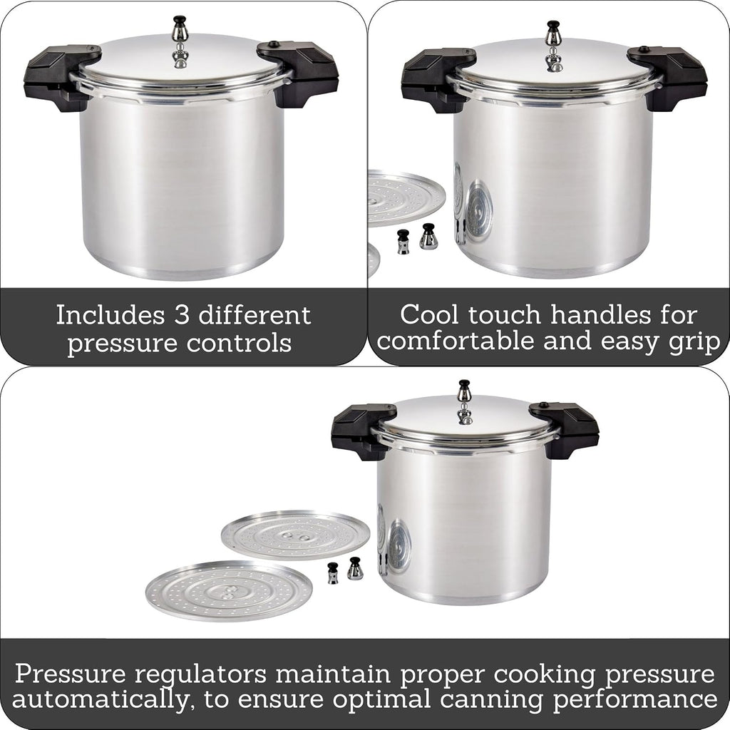 22 Qt Aluminum Pressure Canner with 3 Regulators, 5, 10 & 15 PSI