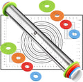 Rolling Pin and Pastry Baking Mat Set, Rolling Pins with Adjustable Thickness Rings, Stainless Steel Dough Roller for