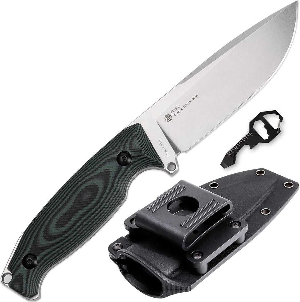 14C28N Camping Fixed Blade Knife with Sheath,Full Tang,G10, Bushcraft | Adjustable kydex sheath, Large Blade