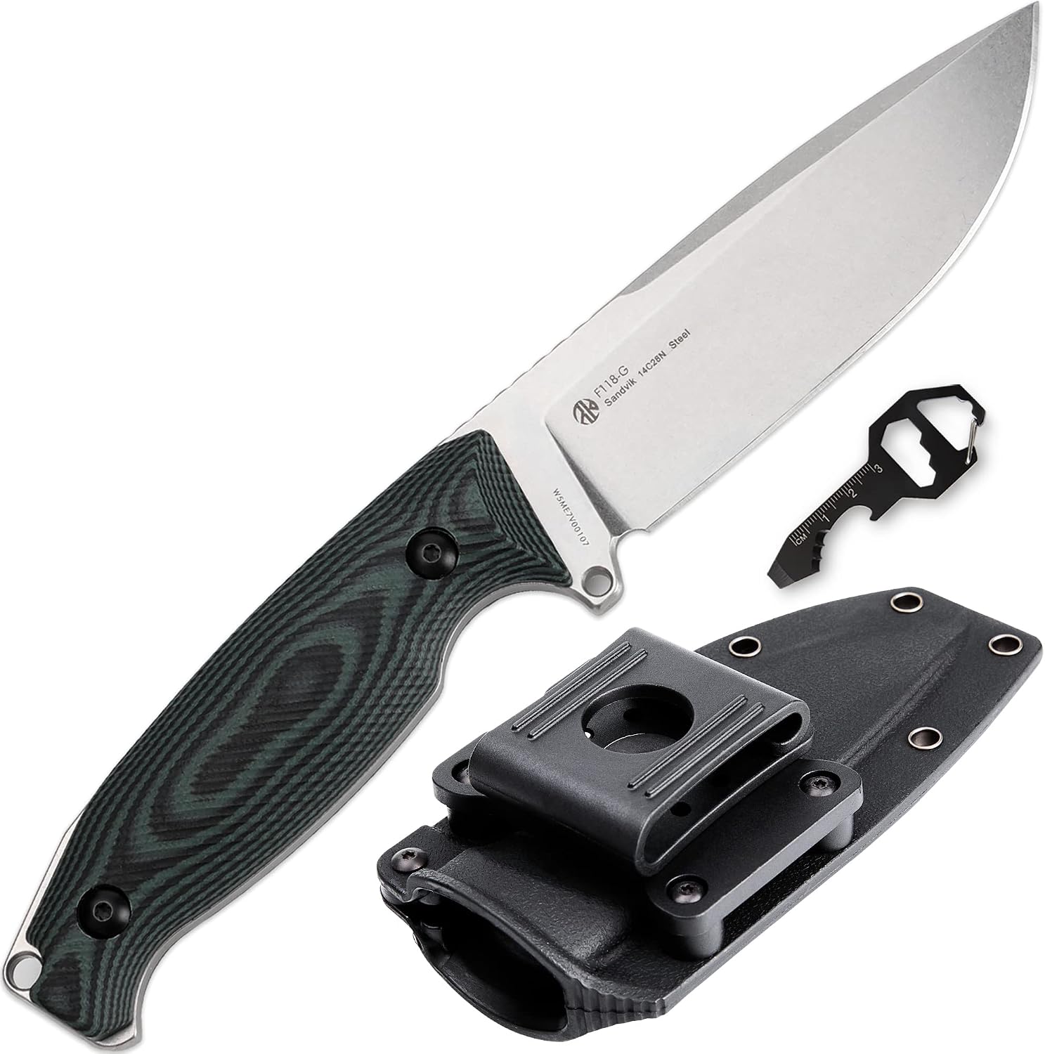 14C28N Camping Fixed Blade Knife with Sheath,Full Tang,G10, Bushcraft | Adjustable kydex sheath, Large Blade