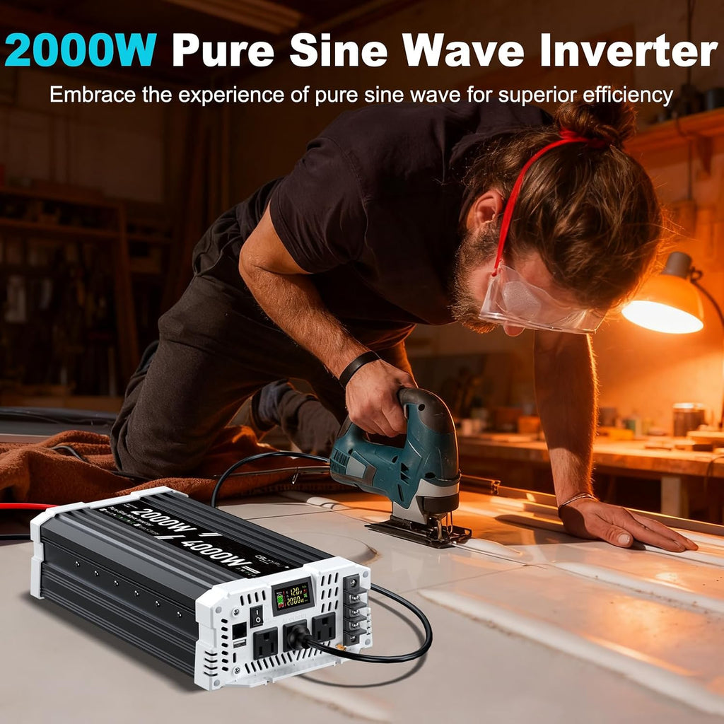 2000 watt Pure sine Wave Inverter, 12V DC to 110V AC Power Inverter, with 3 AC Output sockets, USB Port, Type-C Port