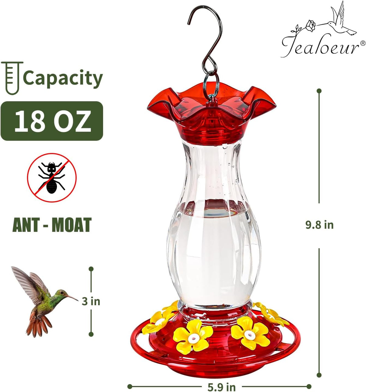 Hummingbird Feeder for Outdoors Hanging, 18 OZ Humming Birds Feeders with 6 Bee Guard Feeding Ports & Built-in Ant