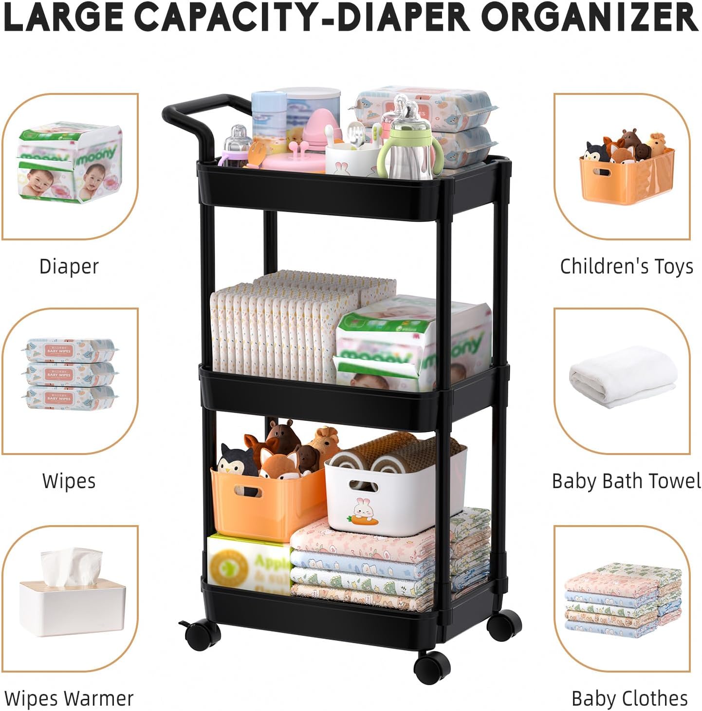 Diaper Caddy - Plastic Diaper Organizer for Nursery Essentials, Baby Organizers and Storage, Movable Cart for