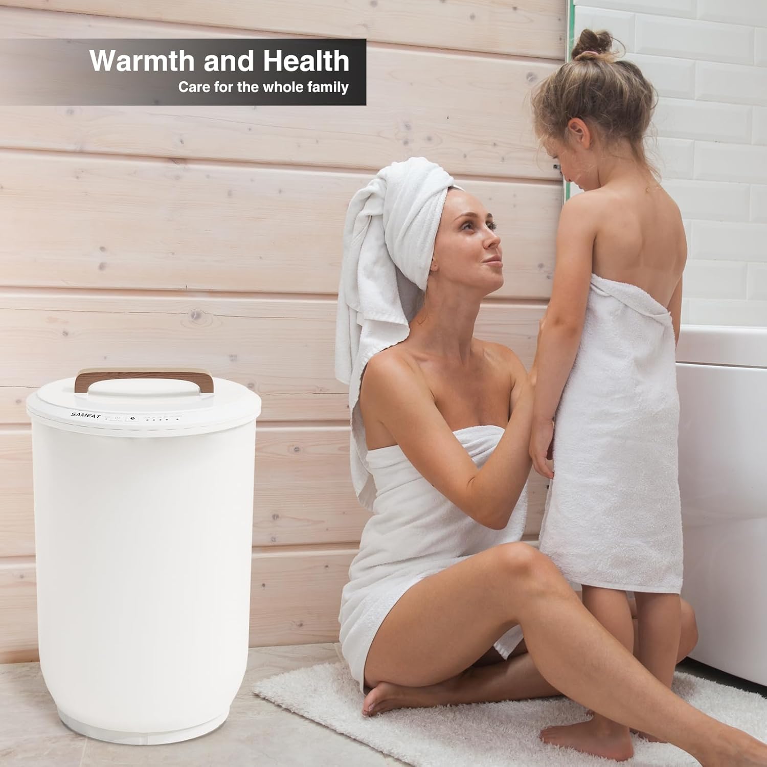 Heated Towel Warmers for Bathroom - Large Towel Warmer Bucket, Wood Handle, Auto Shut Off, Fits Up to Two 40"X70"