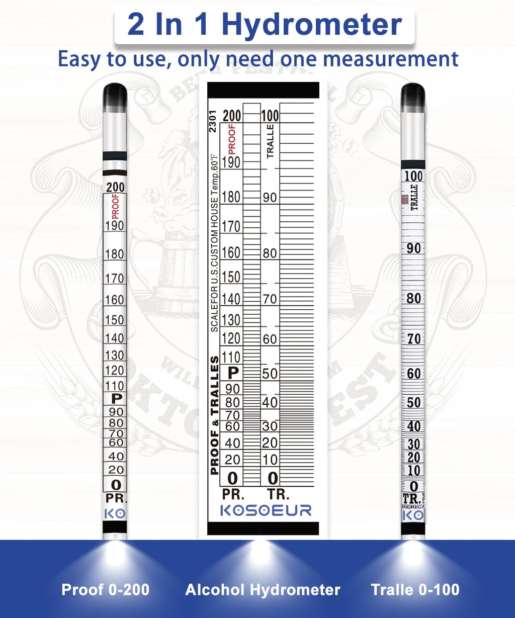 Hydrometer Alcohol Meter Kit, Hydrometer Alcohol 0-200 Proof and Tralle, Alcohol Tester for Liquor, Alcohol