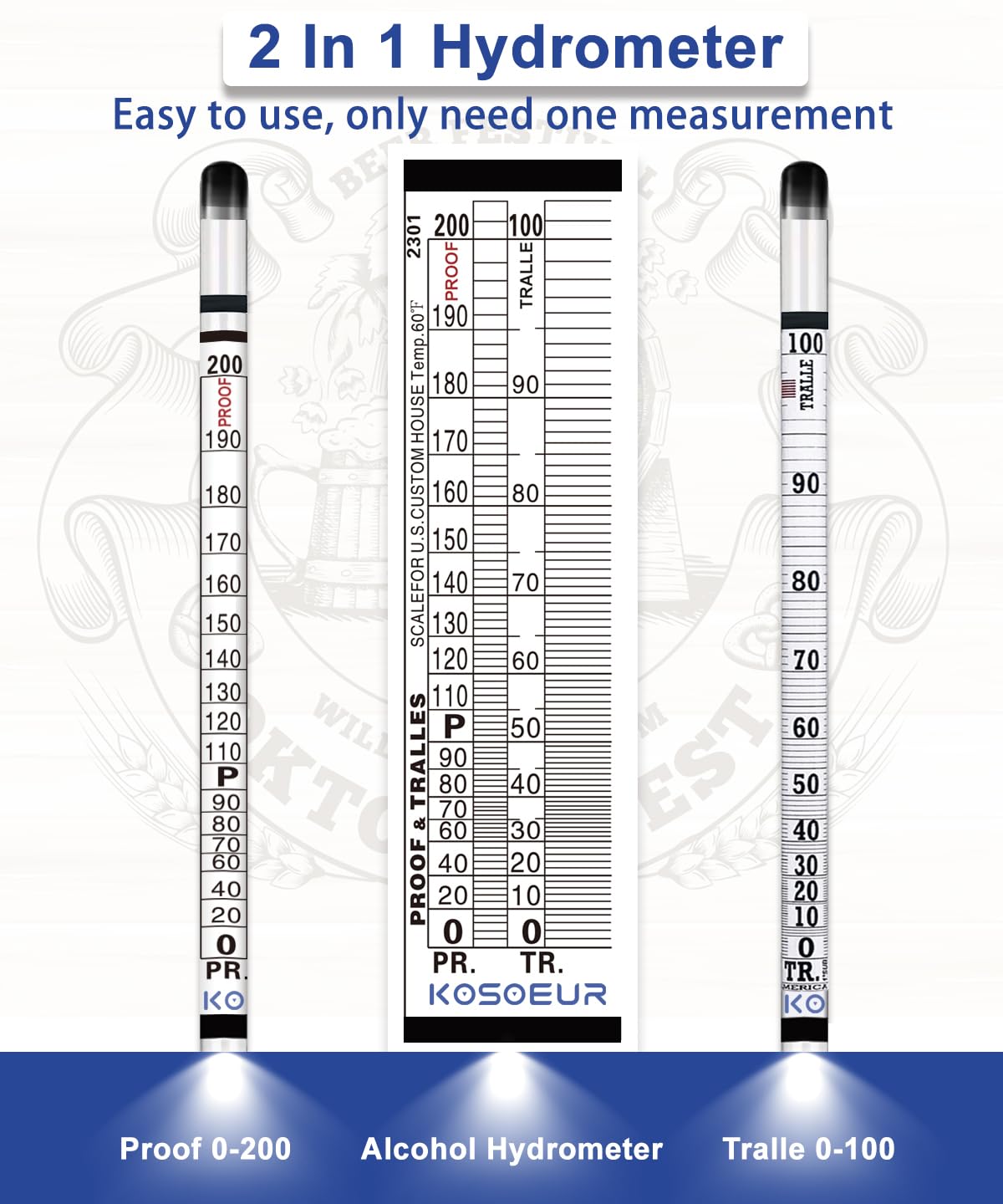 Hydrometer Alcohol Meter Kit, Hydrometer Alcohol 0-200 Proof and Tralle, Alcohol Tester for Liquor, Alcohol