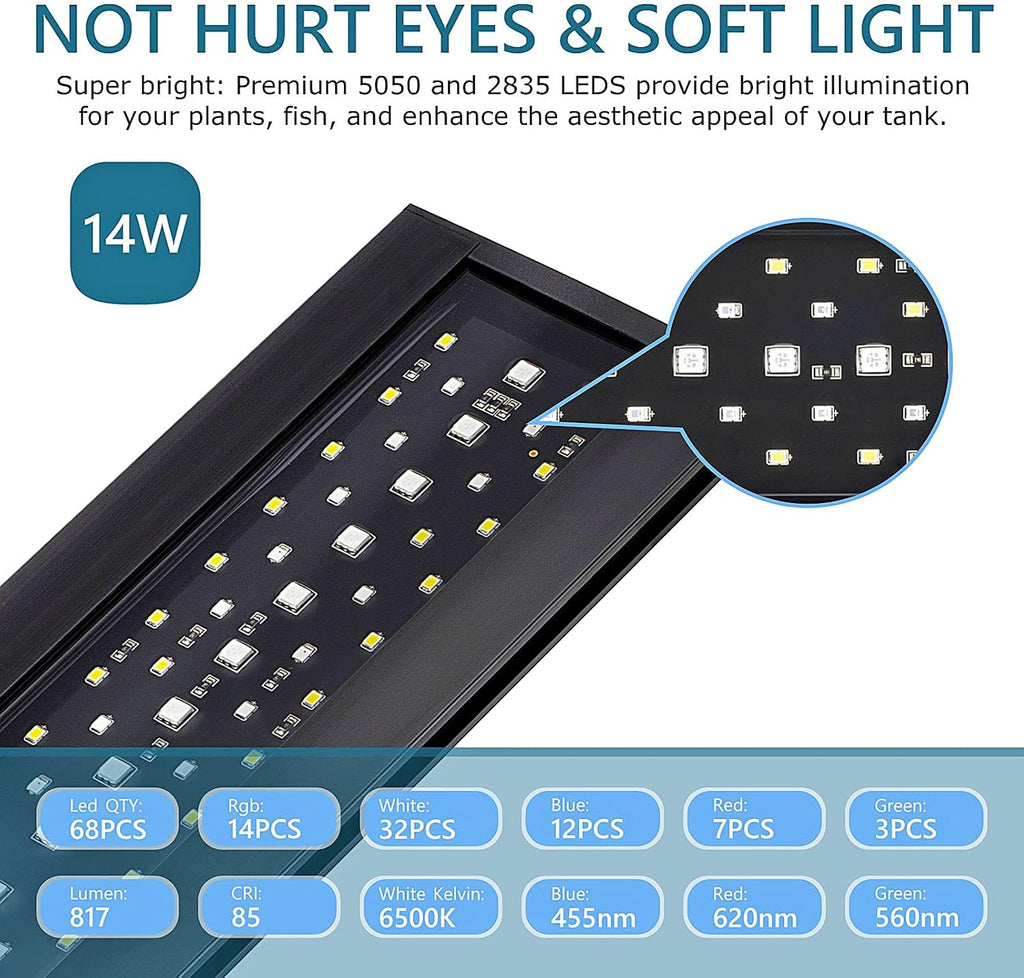 Clip On 24/7 Lighting Aquarium LED Light,Sunrise-Daylight-Moonlight and DIY Mode, Adjustable Timer/Brightness Fish