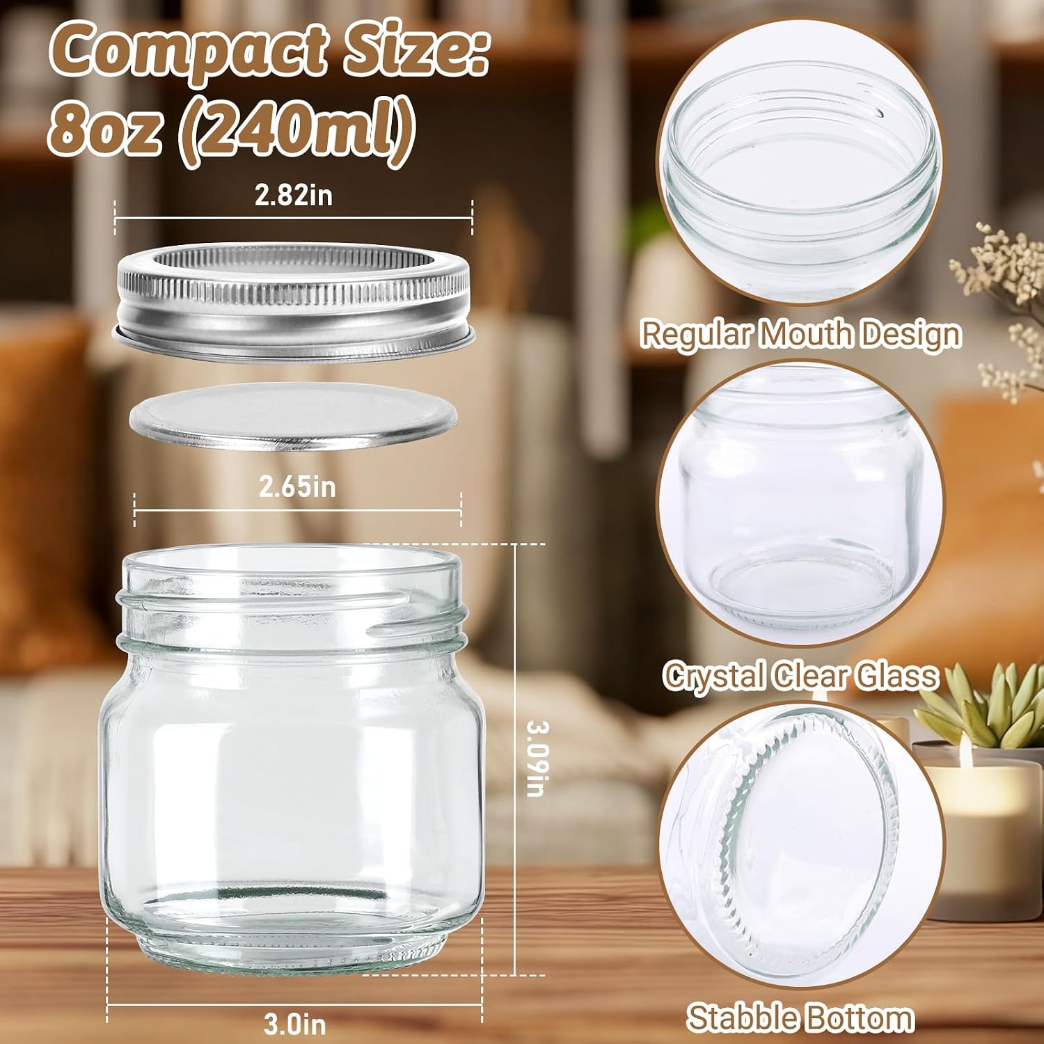 8oz Glass Mason Jars 30-Pack with Airtight Split Lids and Bands