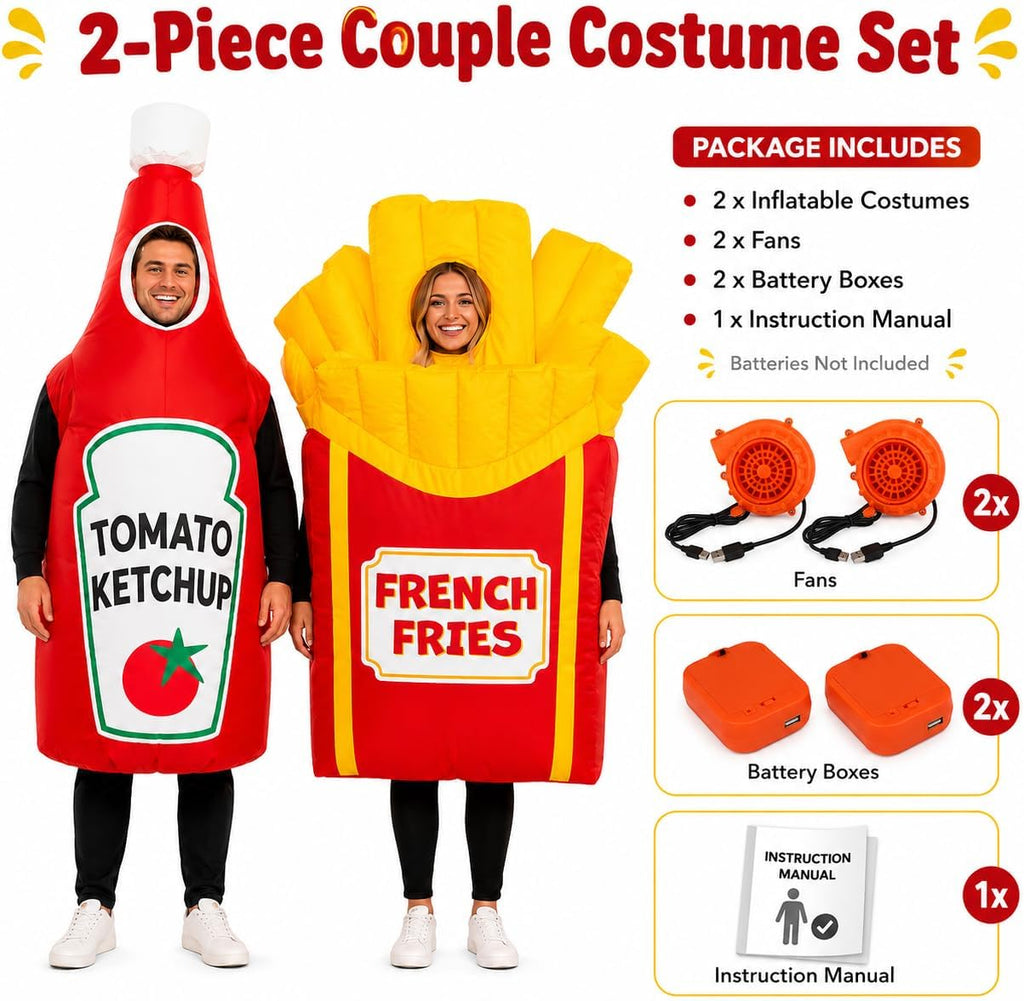 Adult Inflatable Couple Costume, Ketchup and Fries Party Outfits | Adult ketchup and fries inflatable couple costumes