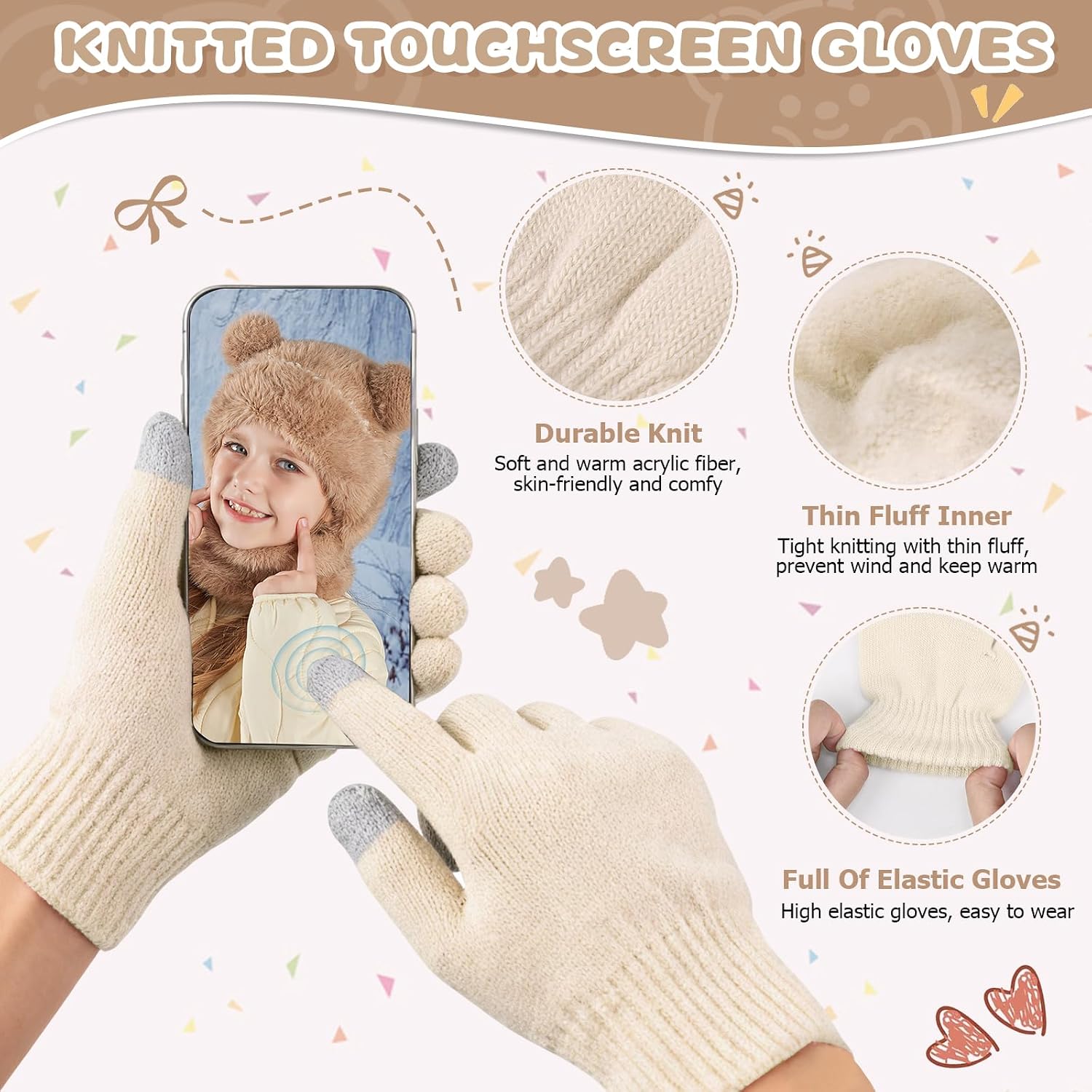 Kids Winter Hat Gloves Scarf Set- Kids Beanie Mask with Cute Bear Pom Warm Fleece- Neck Warmer Fleece Lined Set