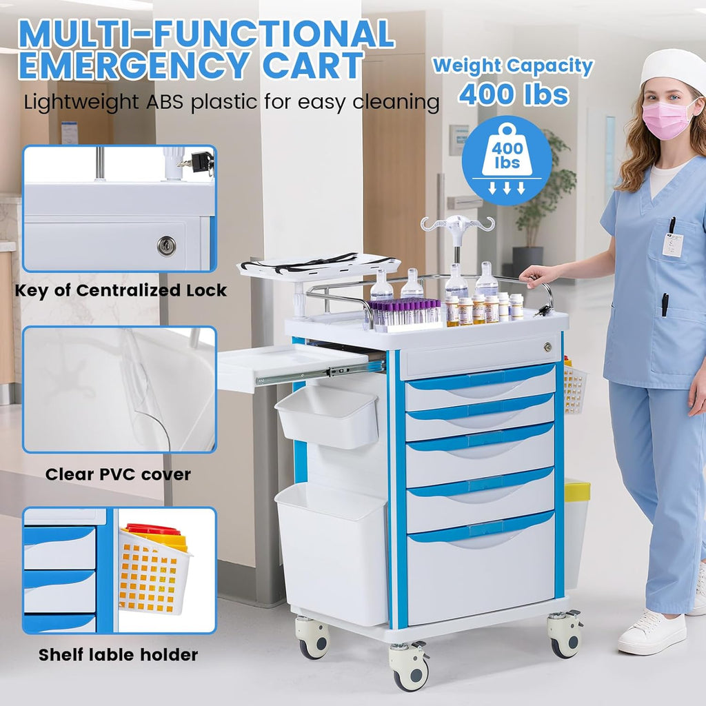 5-Tier Medical Cart, Hospital Emergency Rolling Crash Carts with Adjustable IV Pole, Silent Casters, Trash Bin & O2