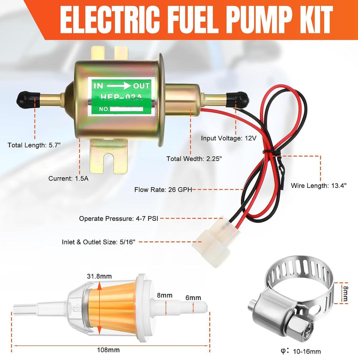 2 Pcs Electric Fuel Pump Kit 12v Universal Low Pressure 4-7 Psi Gas Diesel Inline Pump with 2 Fuel Filter and 8 Hose