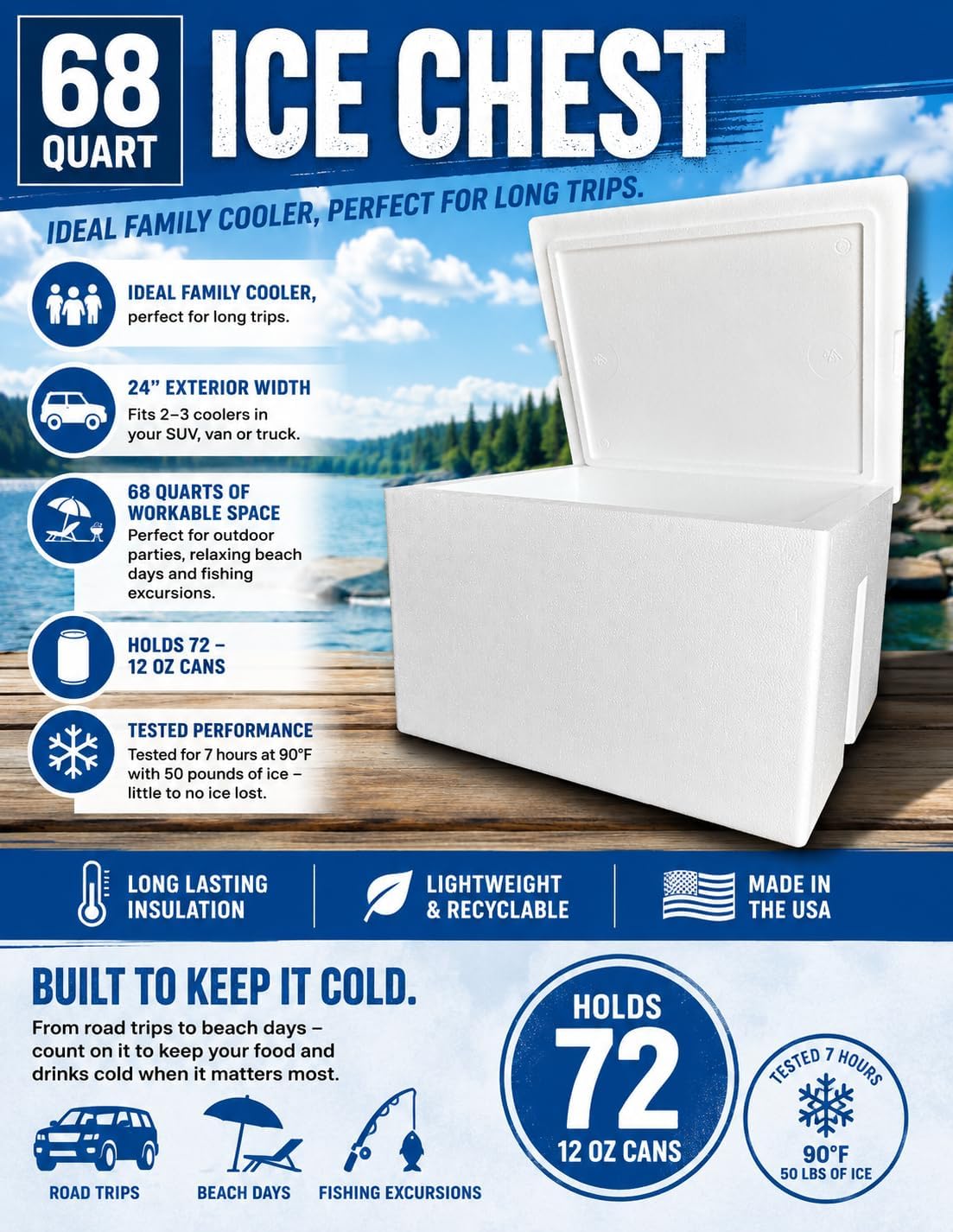 Styrofoam Ice Chest, Insulated Cooler, 68 qt