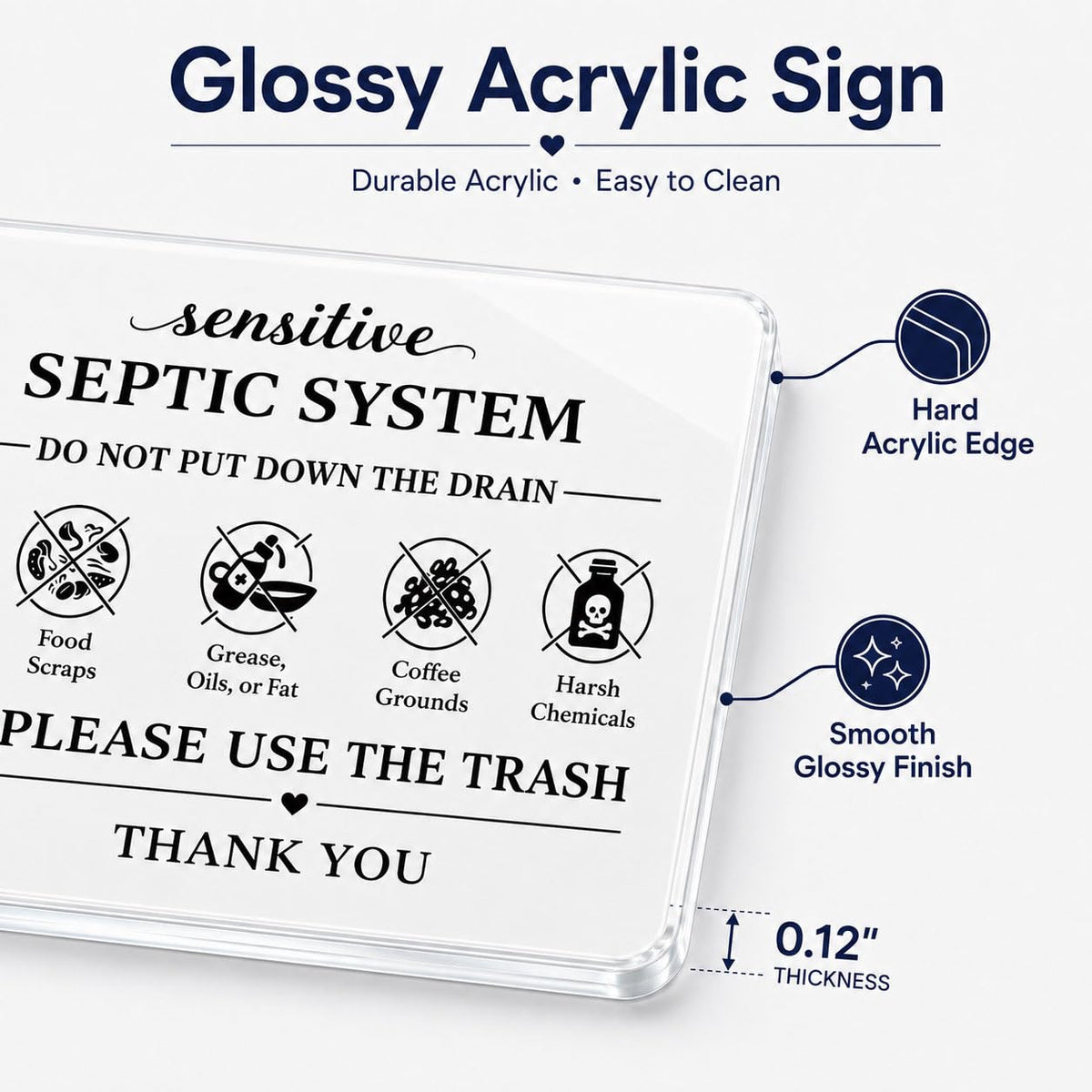 Septic System Drain Reminder Sign: 7 x 5 Inch Adhesive Acrylic