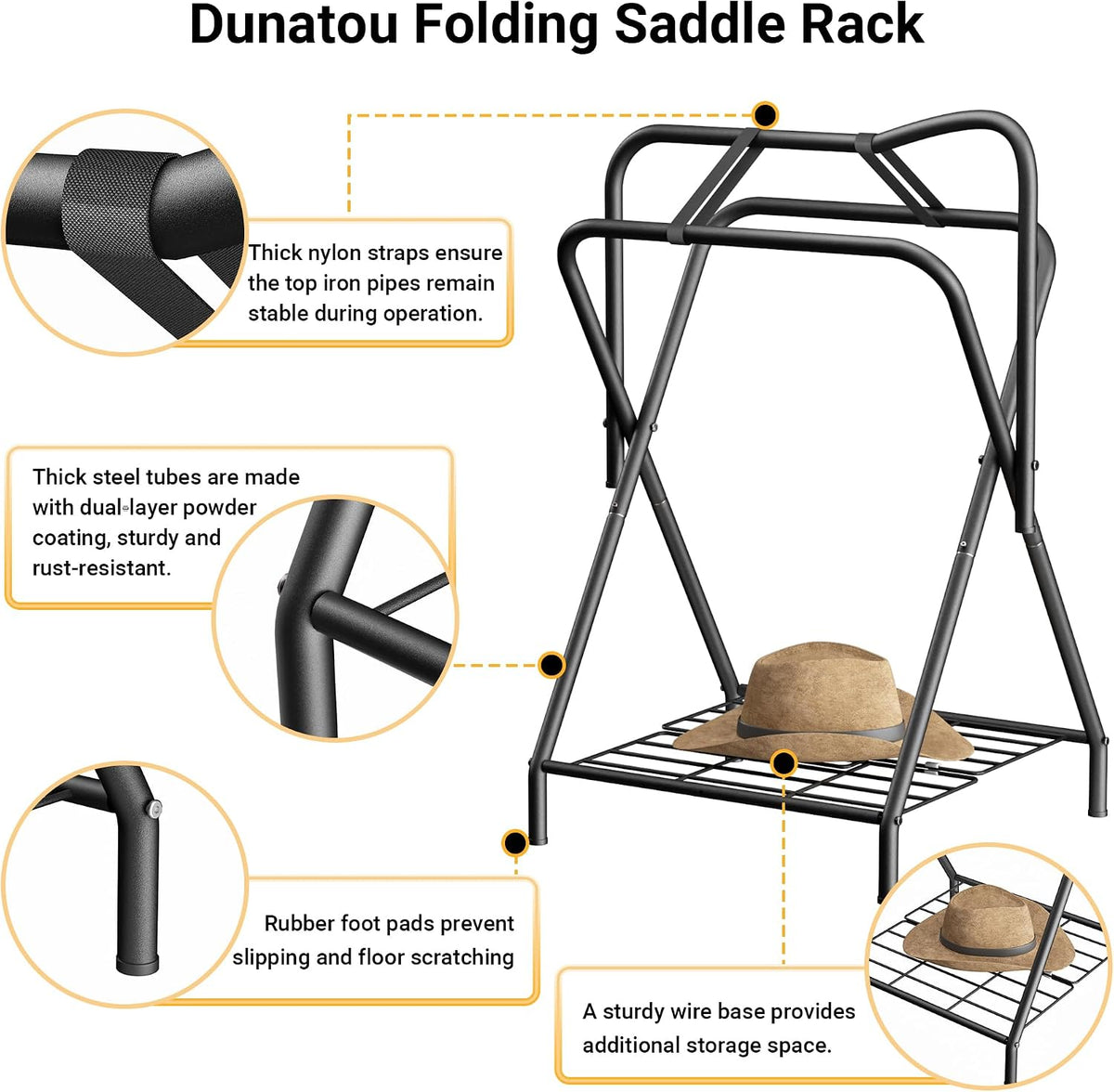 Foldable Saddle Rack with Bottom Storage Shelf – Heavy Duty Horse Saddle Stand for English & Western Saddles
