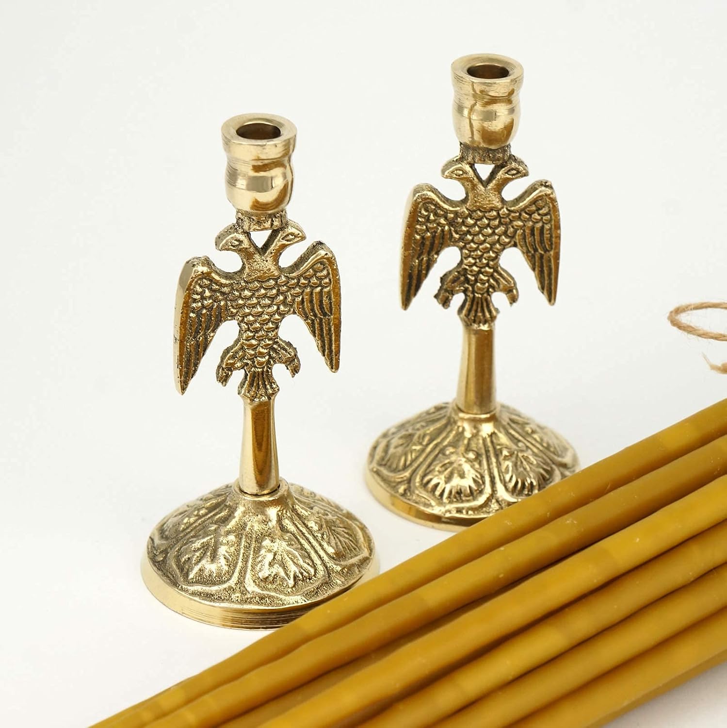 Set of 2 Eagle Design Brass Candle Holders and 20 Pure Beeswax Church Candles, Orthodox Tapers, Byzantine