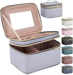 Large Makeup Bag with Mirror Double Layer Travel Make Up Organizer Case, Large Capacity Coemetic with Brush Slot