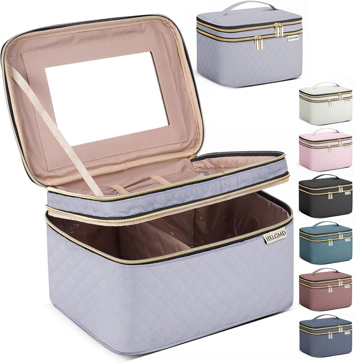 Large Makeup Bag with Mirror Double Layer Travel Make Up Organizer Case, Large Capacity Coemetic with Brush Slot