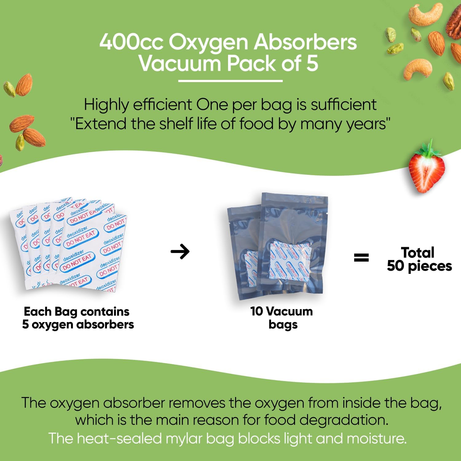 50 Mylar Bags for Food Storage - 0.5 and 1 Gallon Mylar Bags with Oxygen Absorbers 400cc - 9.4 Mil Extra Thick