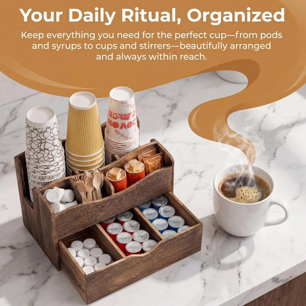 Wood Coffee Station Organizer with Drawer, 6 Compartments